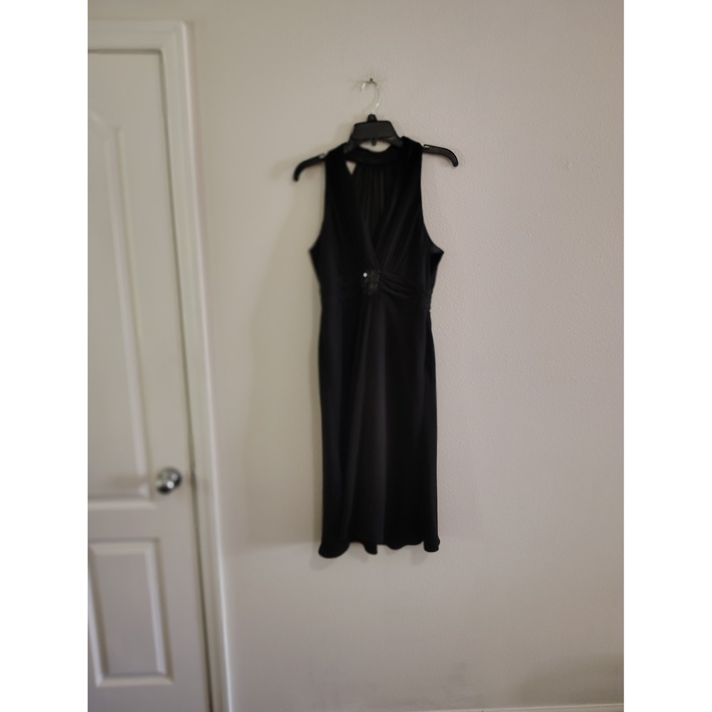 Jones Wear Dress Womens 10 Black Cocktail Midi Sleeveless‎ Beaded V-Neck Pleated